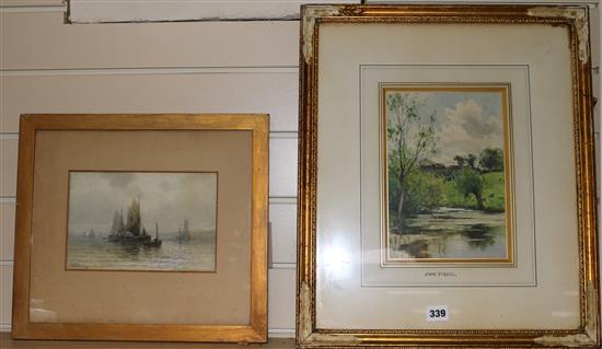 Attributed to Jose Weiss (1859-1919), watercolour, river landscape and another of fishing boats at sea, 25 x 17cm and 15 x 22cm